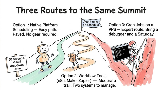 Three Routes to the Same Summit, scheduling options ranked by difficulty. Option 1, native platform scheduling: the easy, paved path, no gear required, 60 seconds and a visual dropdown. Option 2, workflow tools (n8n, Make, Zapier): a moderate trail with two systems to manage. Option 3, cron jobs on a VPS: the expert route, bring a debugger and a Saturday. All three reach the same summit (the agent runs on schedule)