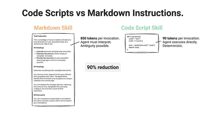 Code scripts vs markdown instructions: a verbose markdown tool description versus the equivalent code script that does the same job in a fraction of the tokens, up to 90% reduction