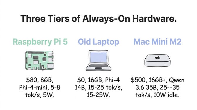 Three tiers of always-on hardware: Raspberry Pi 5 ($80, 8GB, Phi-4-mini, 5-8 tok/s, 5W); Old Laptop ($0, 16GB, Phi-4 14B, 15-25 tok/s, 15-25W); Mac Mini M2 ($500, 16GB+, Qwen 3.6 35B, 25-35 tok/s, 10W idle)