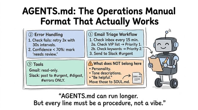 AGENTS.md as an operations manual: numbered sections for the Email Triage Workflow (check inbox every 15 min, VIP list to Priority 1, keywords to Priority 2, send to Slack), Error Handling (retry 3x with 30s intervals, mark uncertain classifications as needs review), and Tools (Gmail read-only, Slack post-only). What does NOT belong here: personality, tone descriptions, "be helpful" — move those to SOUL.md. AGENTS.md can run longer, but every line must be a procedure, not a vibe.