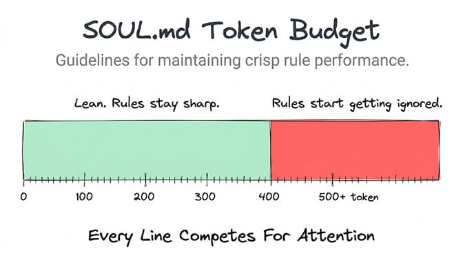 SOUL.md token budget gauge: from 0 to about 400 tokens is the green zone where rules stay sharp; past 400 to 500+ tokens is the red zone where rules start getting ignored. Every line competes for attention.