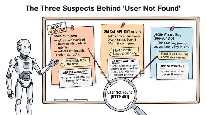 The three suspects behind "User Not Found": a stale auth.json token, an old xAI API key overriding OAuth in .env, and a setup wizard that skipped the key prompt