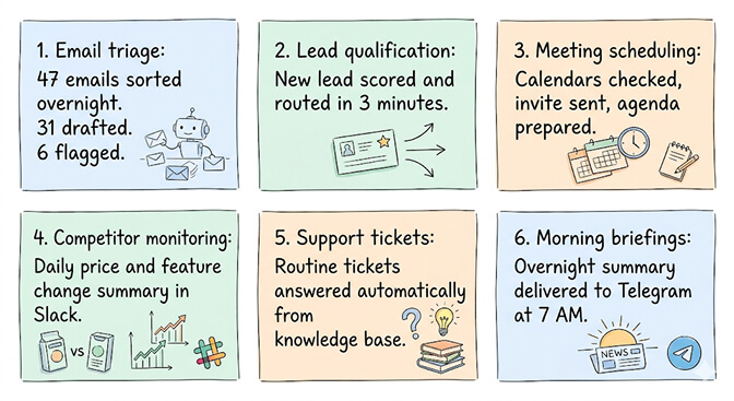 Six AI agent business use cases: email triage, lead qualification, meeting scheduling, competitor monitoring, support tickets, morning briefings