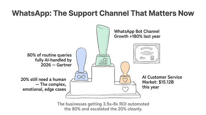 WhatsApp as the support channel that matters: 180% bot-channel growth, 80% of routine queries AI-handled by 2026, and a $15.12B AI customer service market.