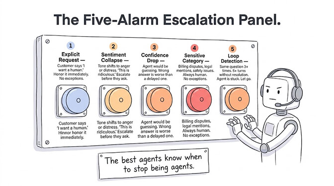 The five escalation triggers: explicit request, sentiment collapse, confidence drop, sensitive category, and loop detection. The best agents know when to stop being agents.
