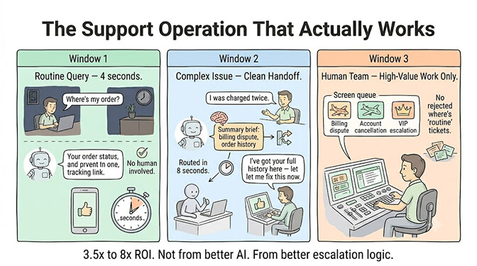The support operation that works: routine queries resolved in 4 seconds, complex issues handed off cleanly in 8 seconds, and the human team focused on high-value work. 3.5x to 8x ROI from better escalation logic.