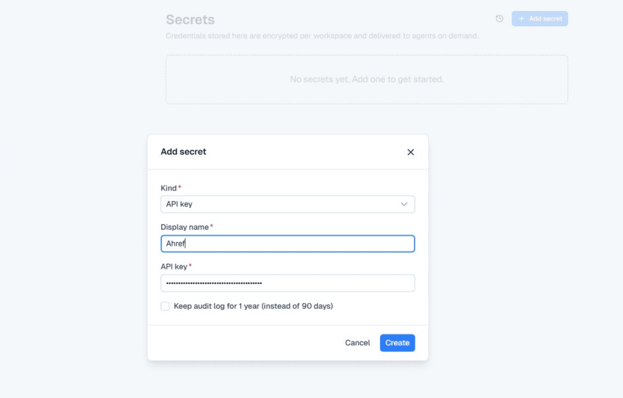 Add secret modal in BetterClaw with Kind, Display name, and API key fields filled out