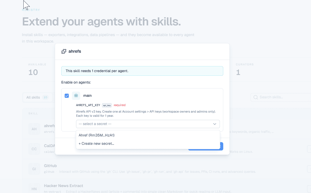 Skill configuration panel with the agent enabled and a credential selected from the dropdown