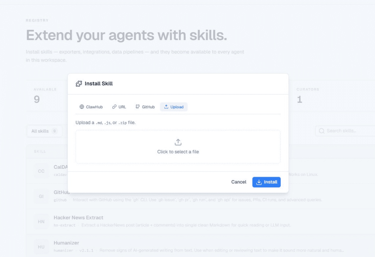 Custom skill in the BetterClaw Skill Registry marked with an UPLOAD badge