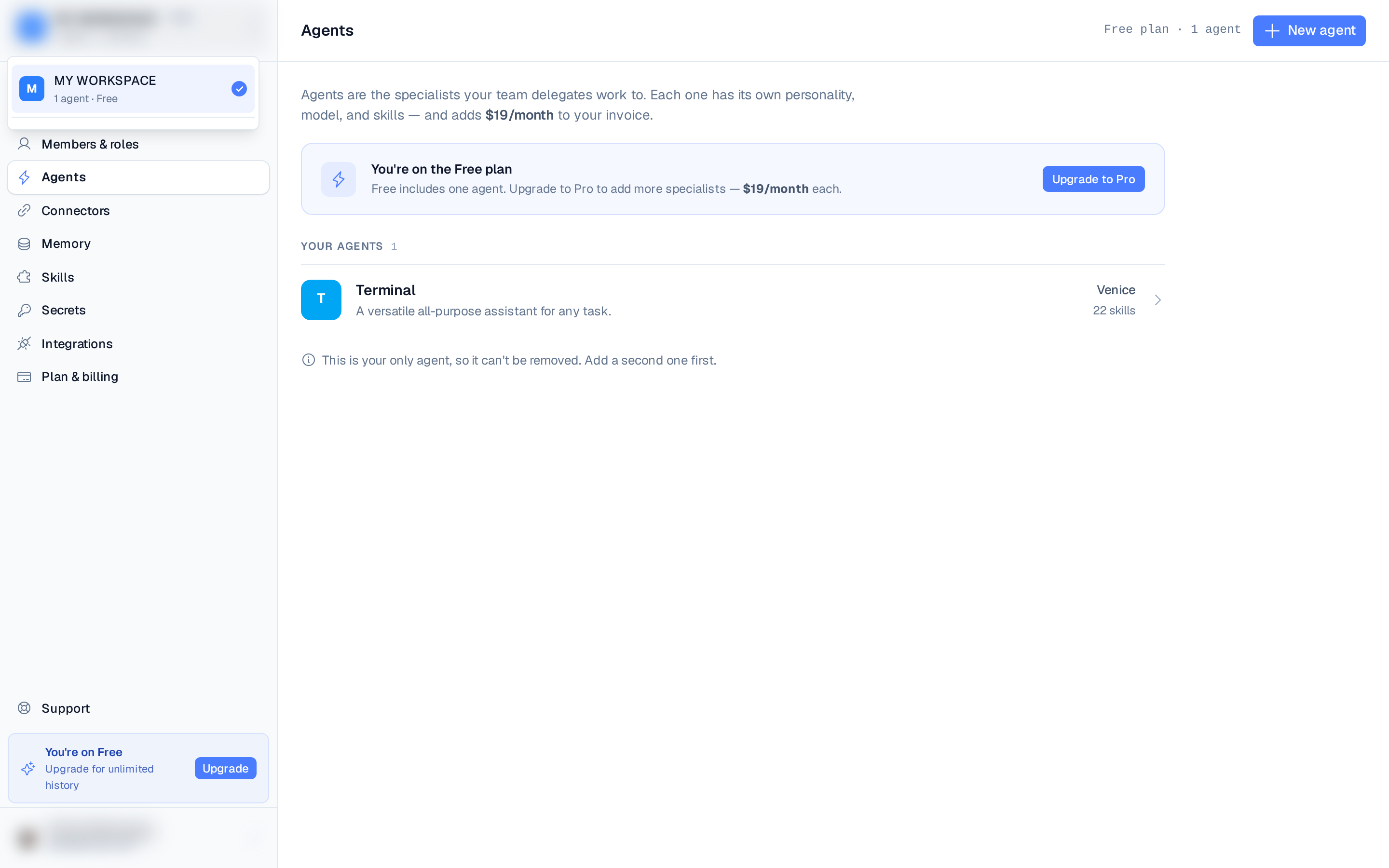 an agent's editor showing the Personality, Model, Skills, Secrets, and Usage tabs
