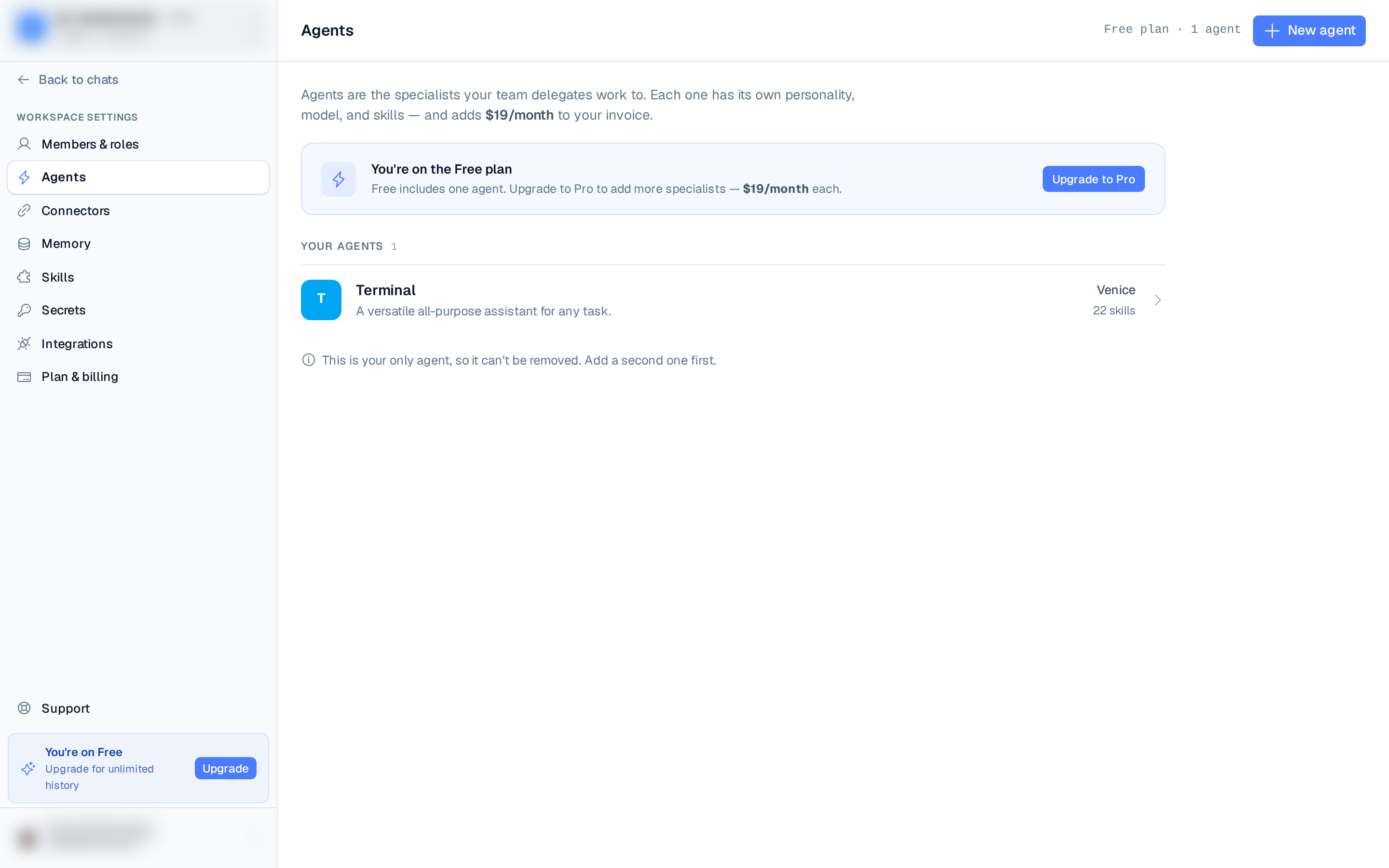 the Agents page listing agents, with the New agent button