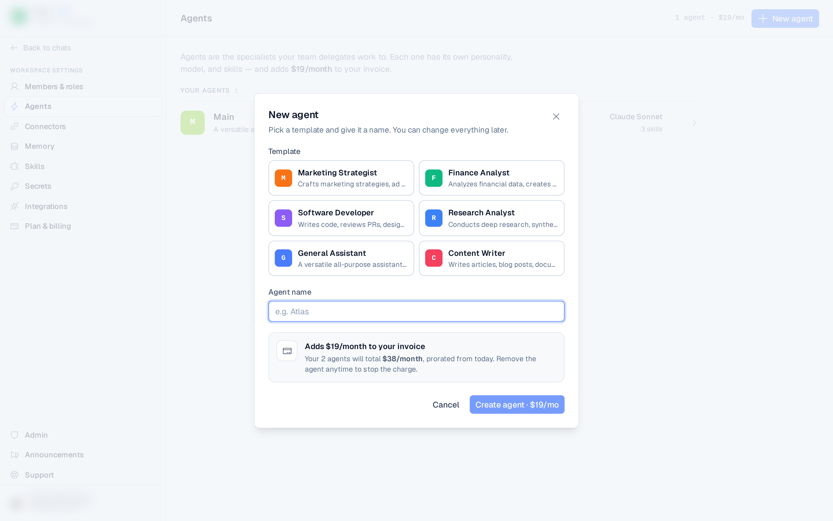 the New agent dialog with the template grid and name field