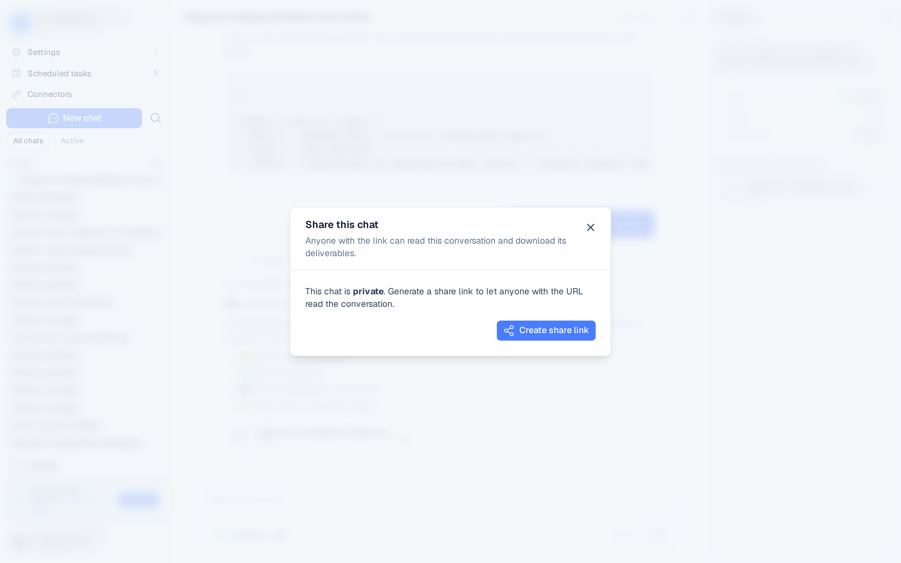the "Share this chat" dialog with a generated public URL and Copy button