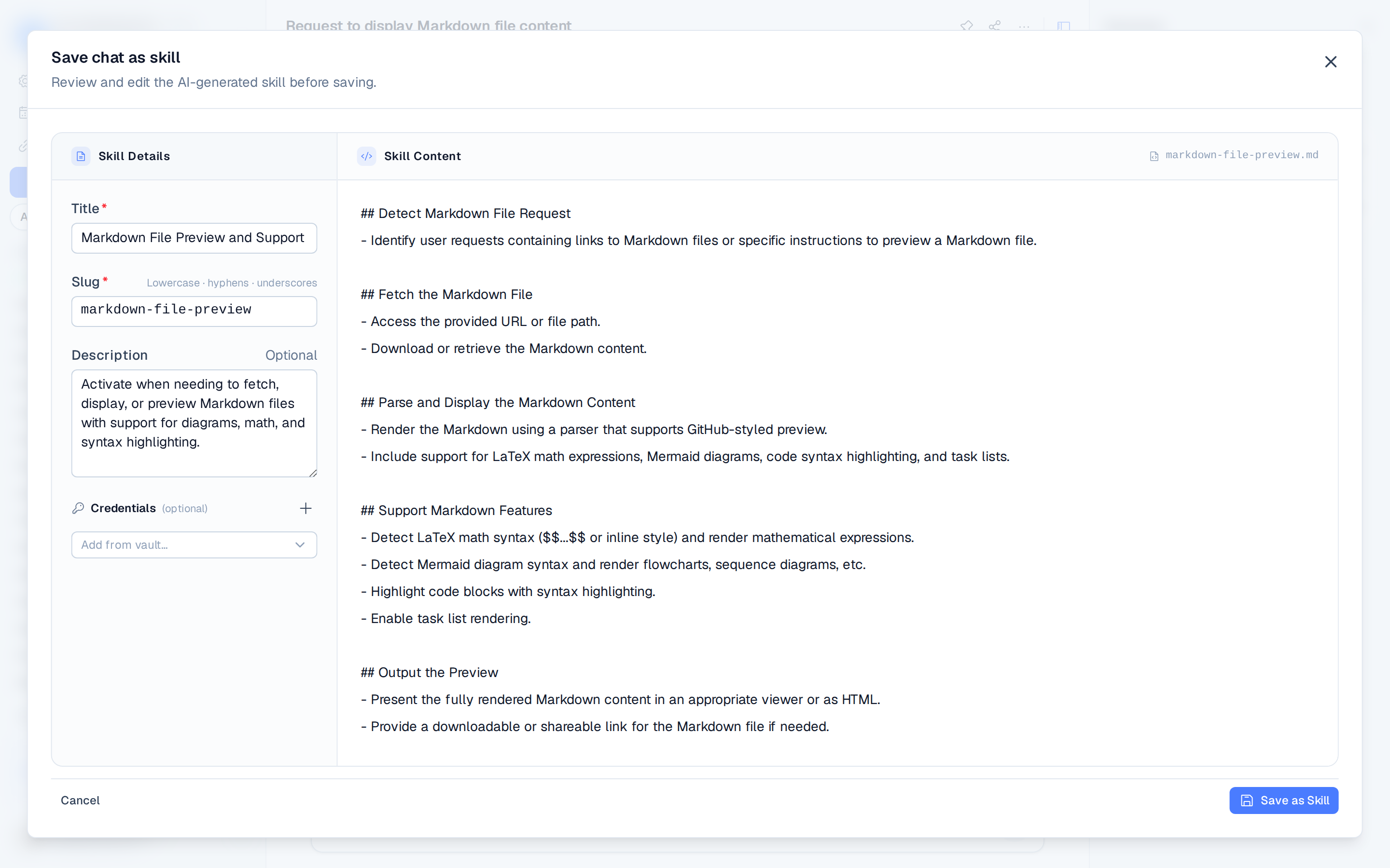 the "Save chat as skill" editor generated from a conversation, with skill details on the left and the Markdown content on the right