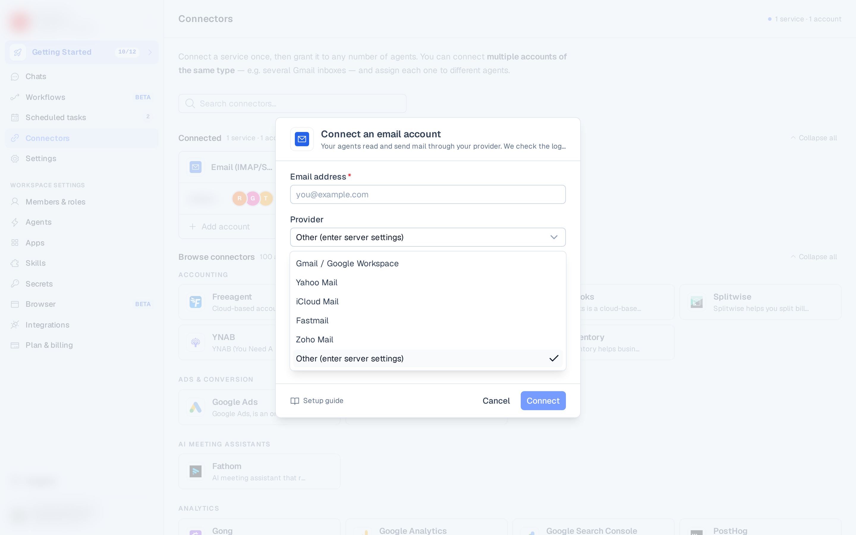the Connect an email account dialog with the Email address field and the Provider list open