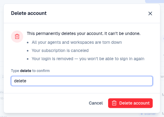 the Delete account dialog with "delete" typed into the confirmation field