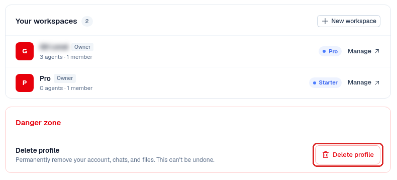 the Danger zone section of the profile page with the Delete profile button