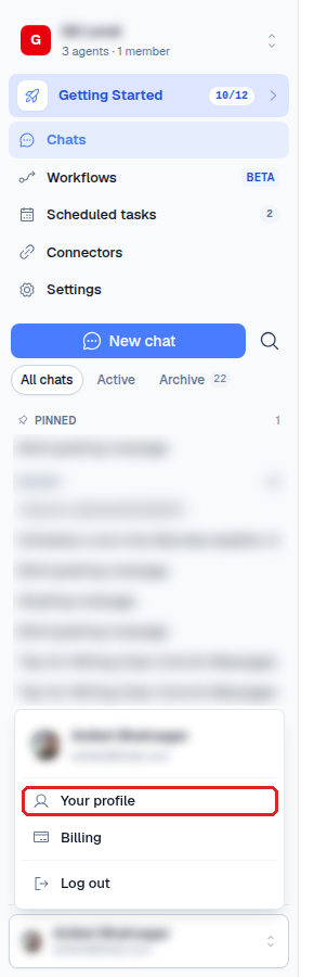 the user menu at the bottom of the left rail, with Your profile highlighted