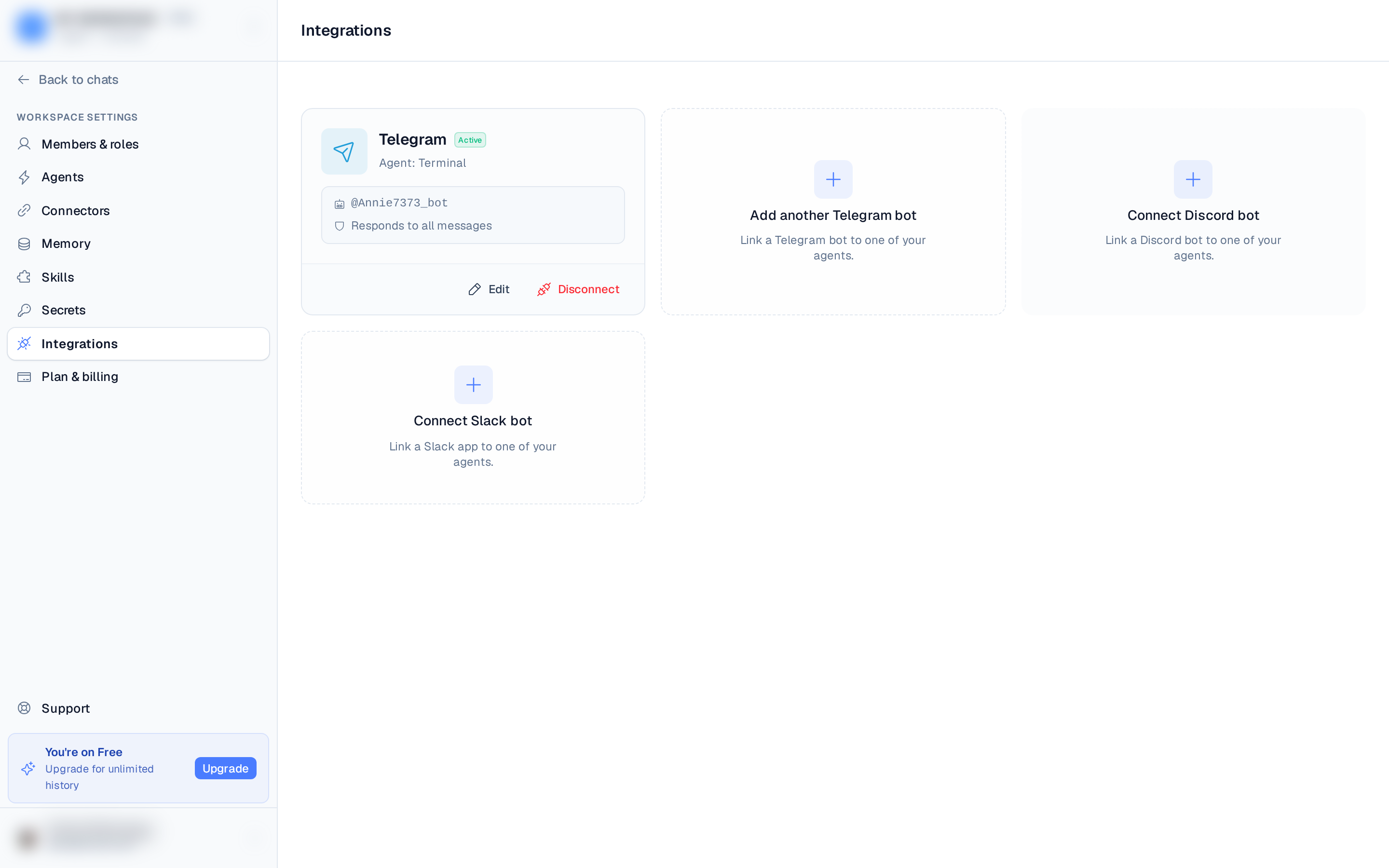a connected Discord card with the "Add to a Discord server" link and permission badges