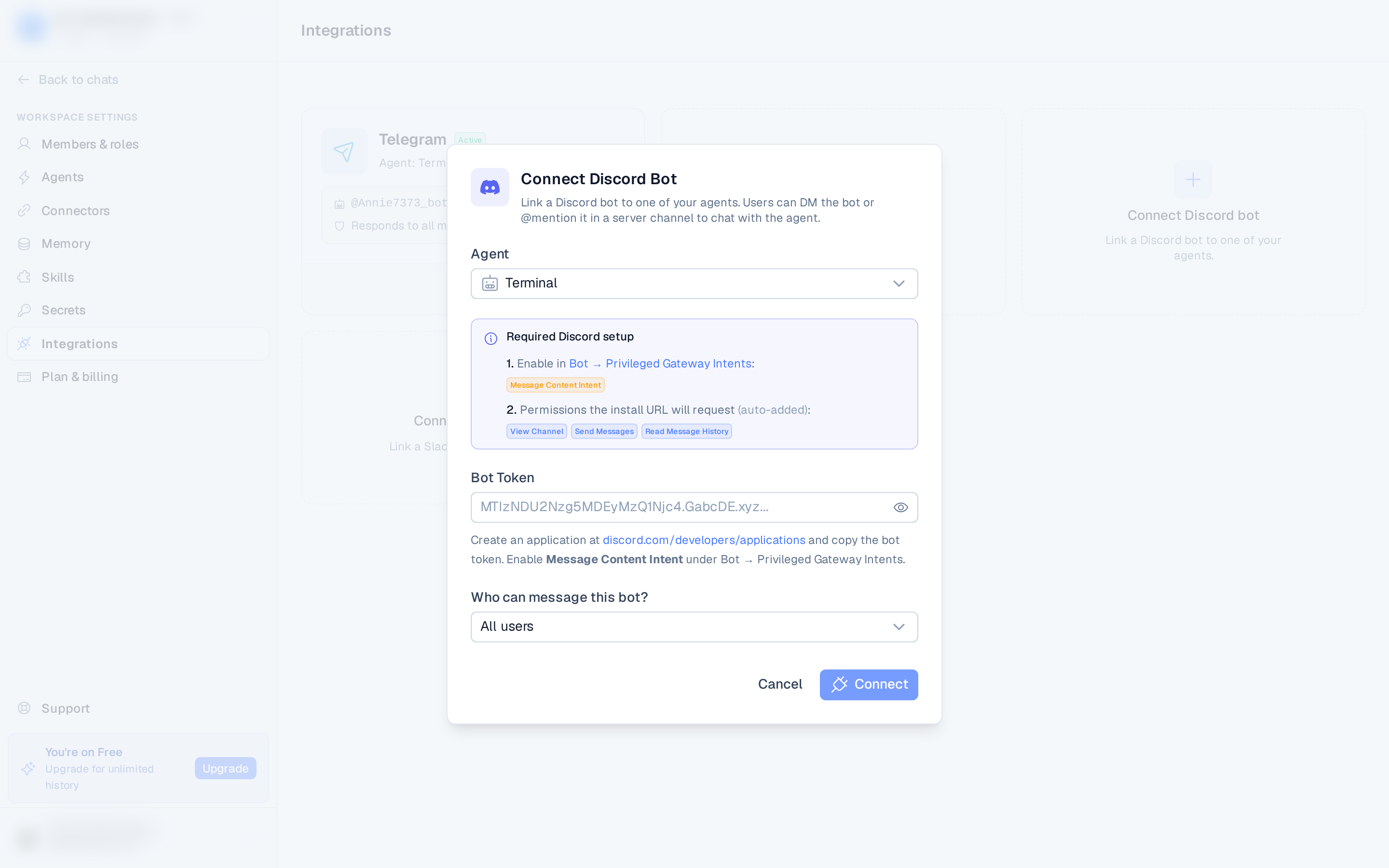 the Connect Discord Bot modal showing the required-setup checklist and bot token field