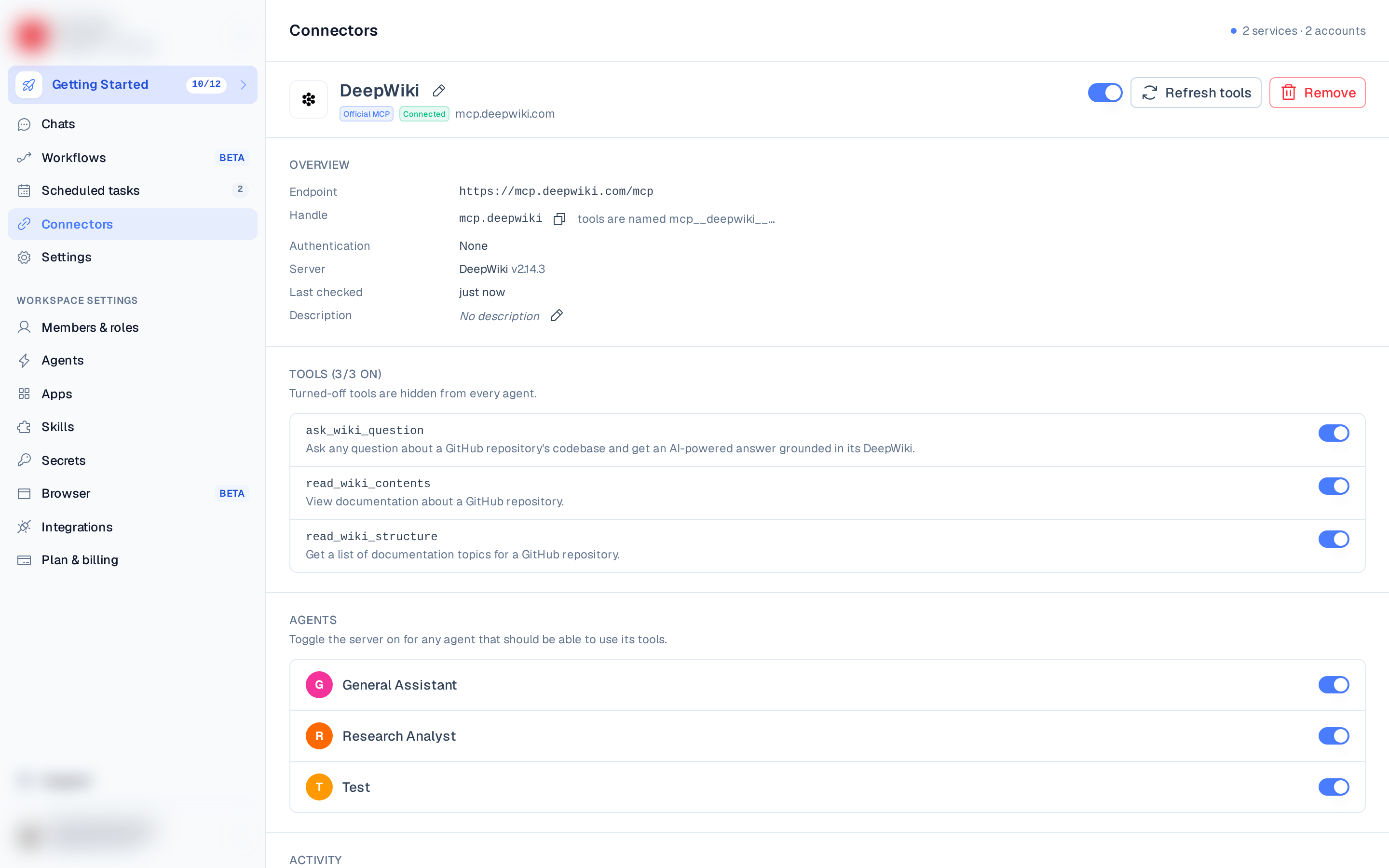 An MCP server's page with its tools and agent access