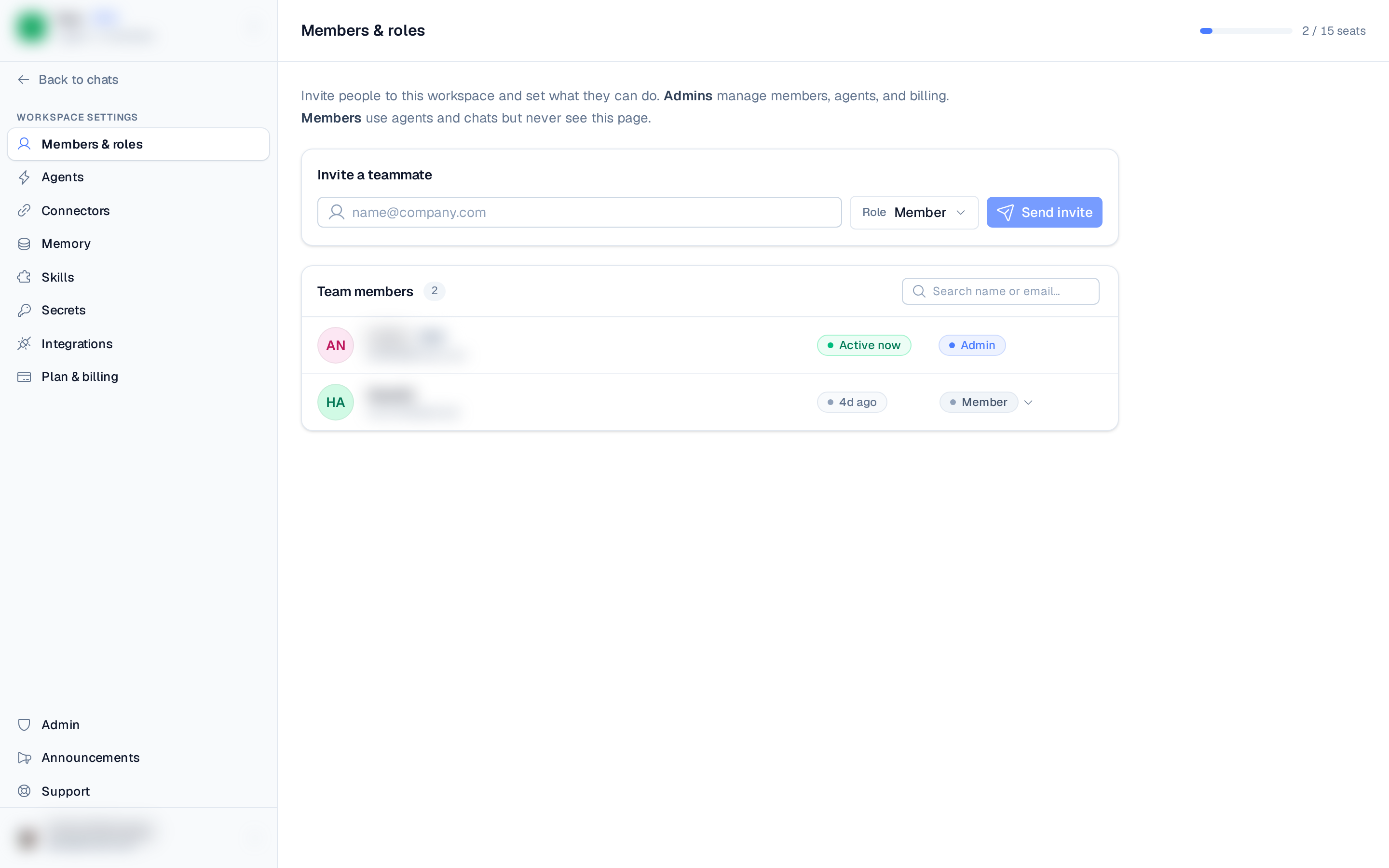 the Members & roles page listing members with their roles, activity, and the seats counter