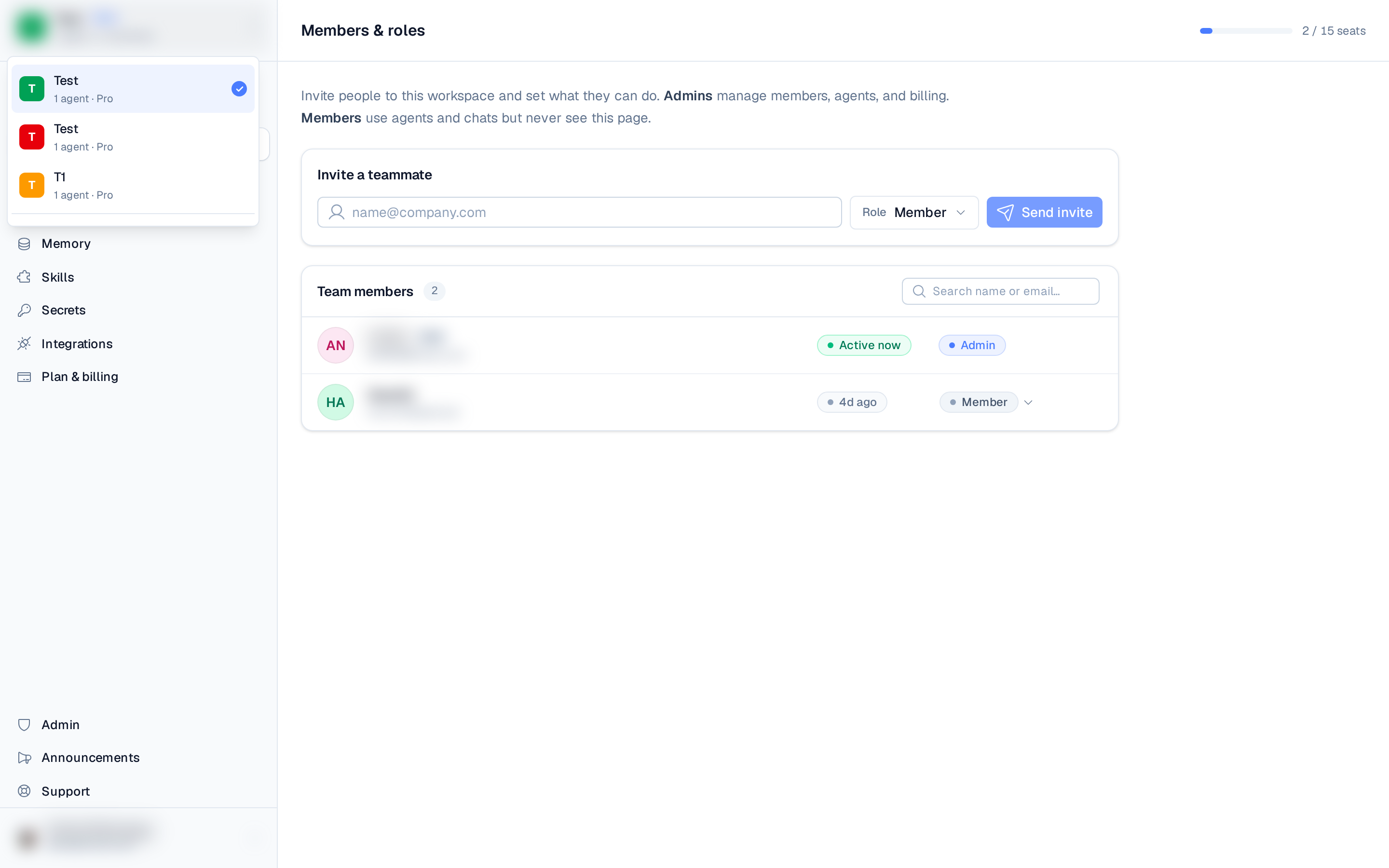 a member row with the role selector dropdown open