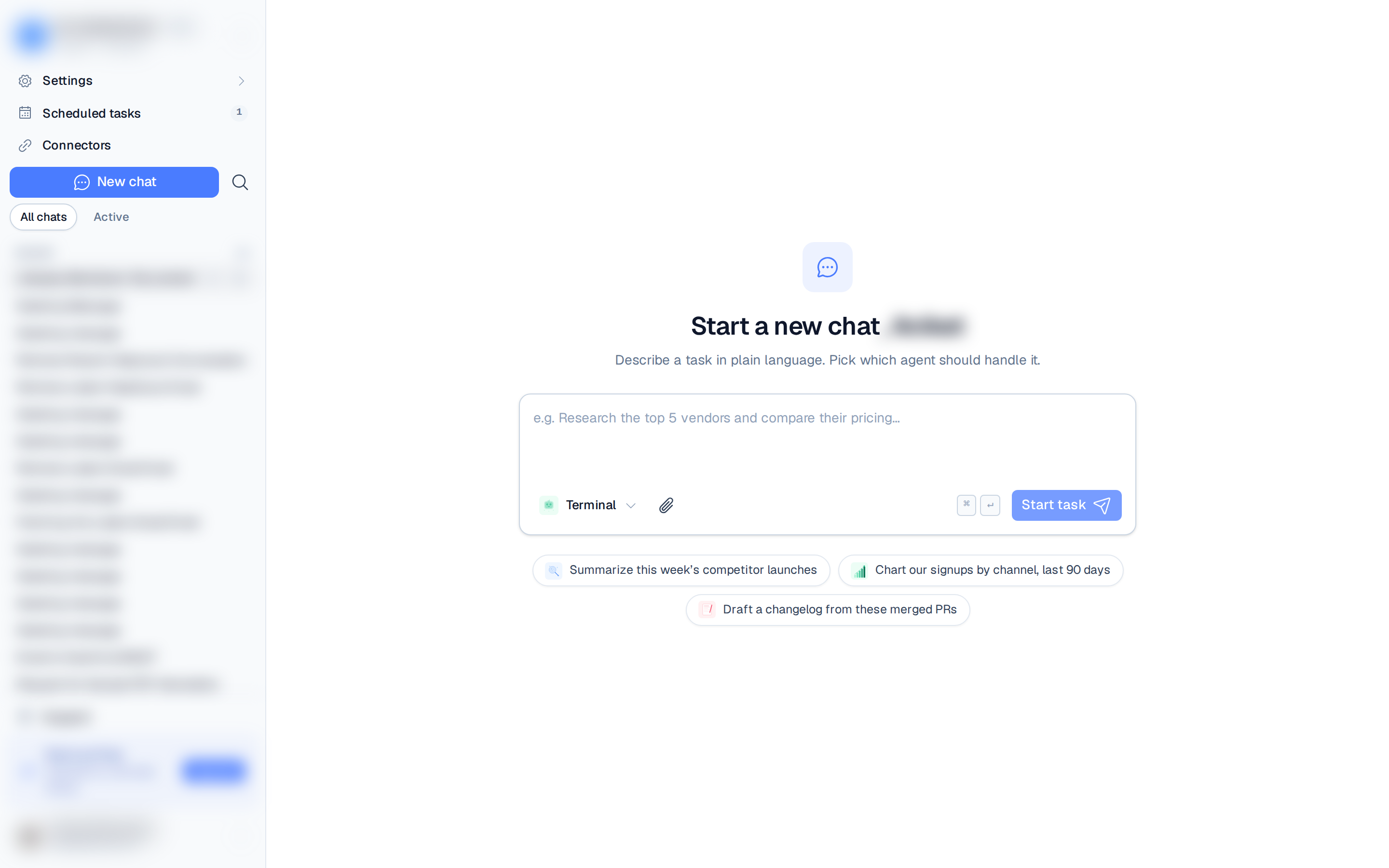 the New chat composer with the agent picker and example prompts