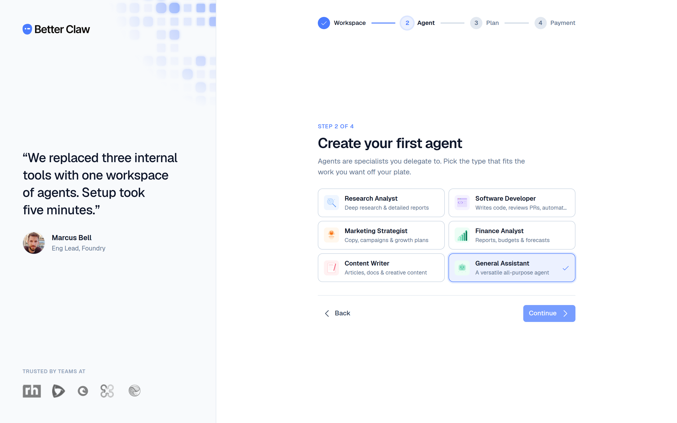 Onboarding step 2 — choosing an agent from the six starter templates