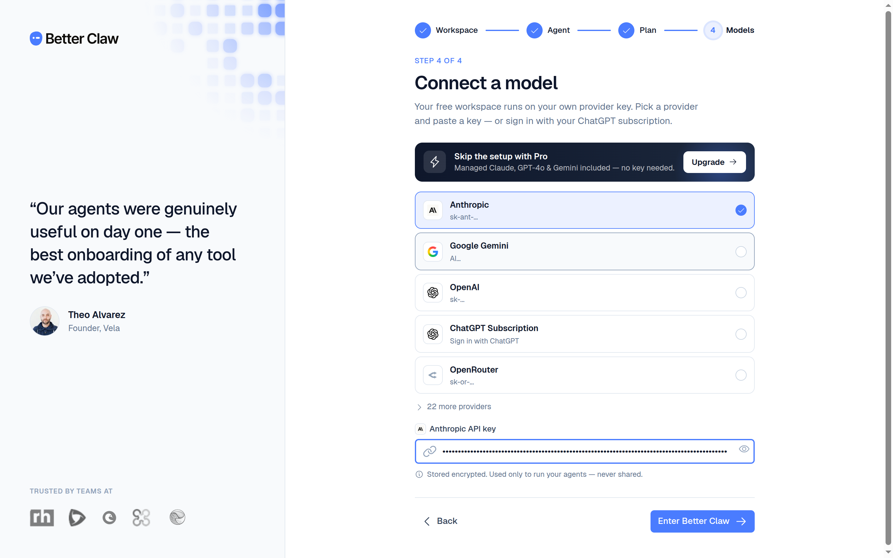 Onboarding step 4 — Connect a model on Free: recommended providers and a masked API-key field