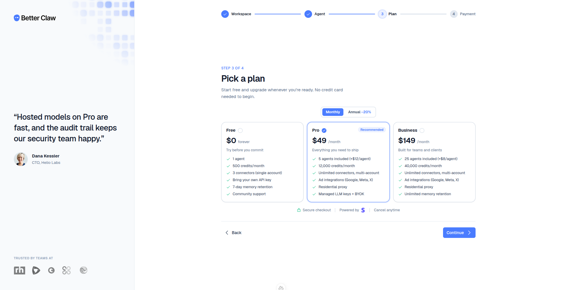 Onboarding step 3 — the Free, Pro, and Business plan cards with the monthly/annual toggle