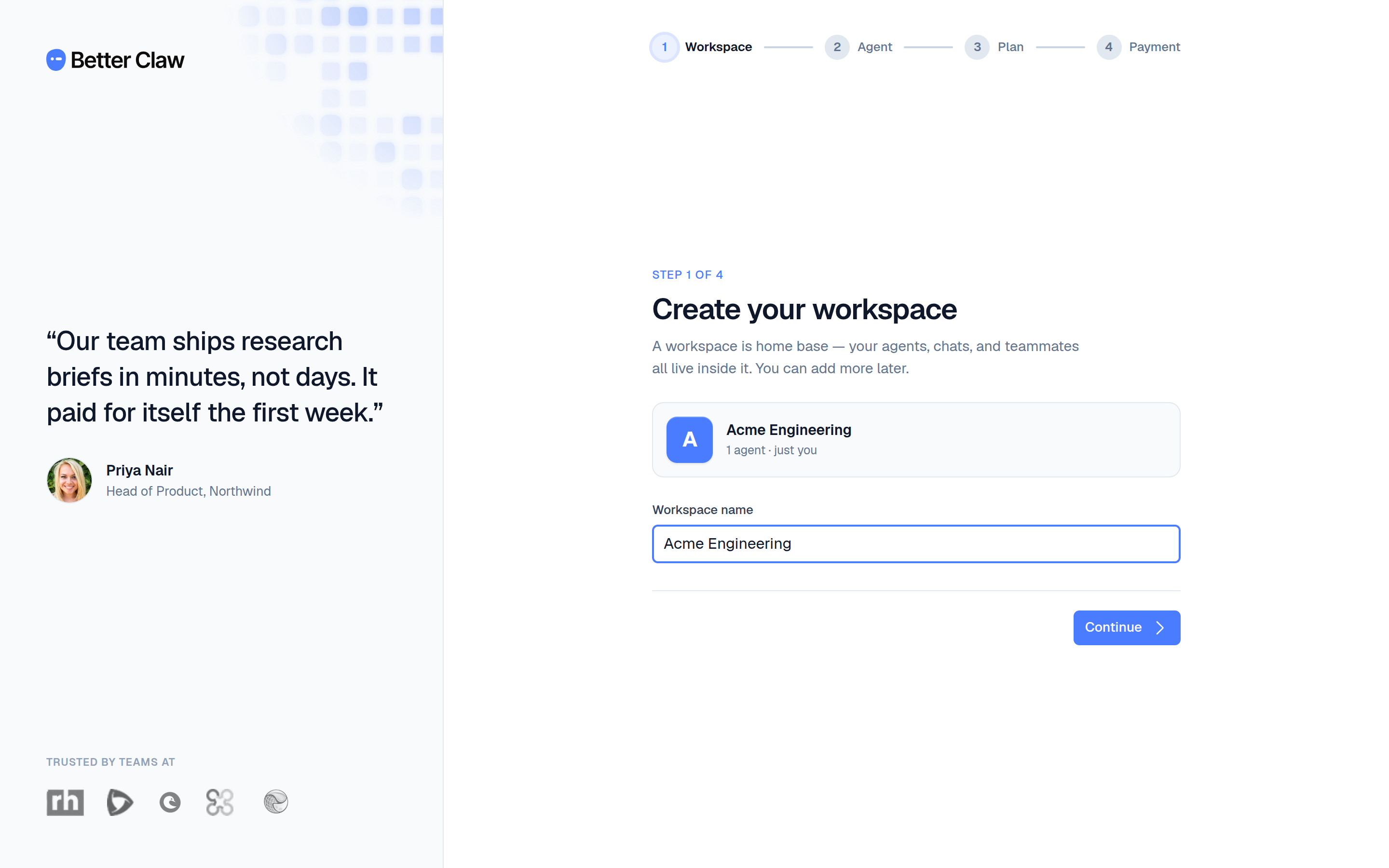 Onboarding step 1 — naming your workspace, with a live preview tile and the four-step stepper