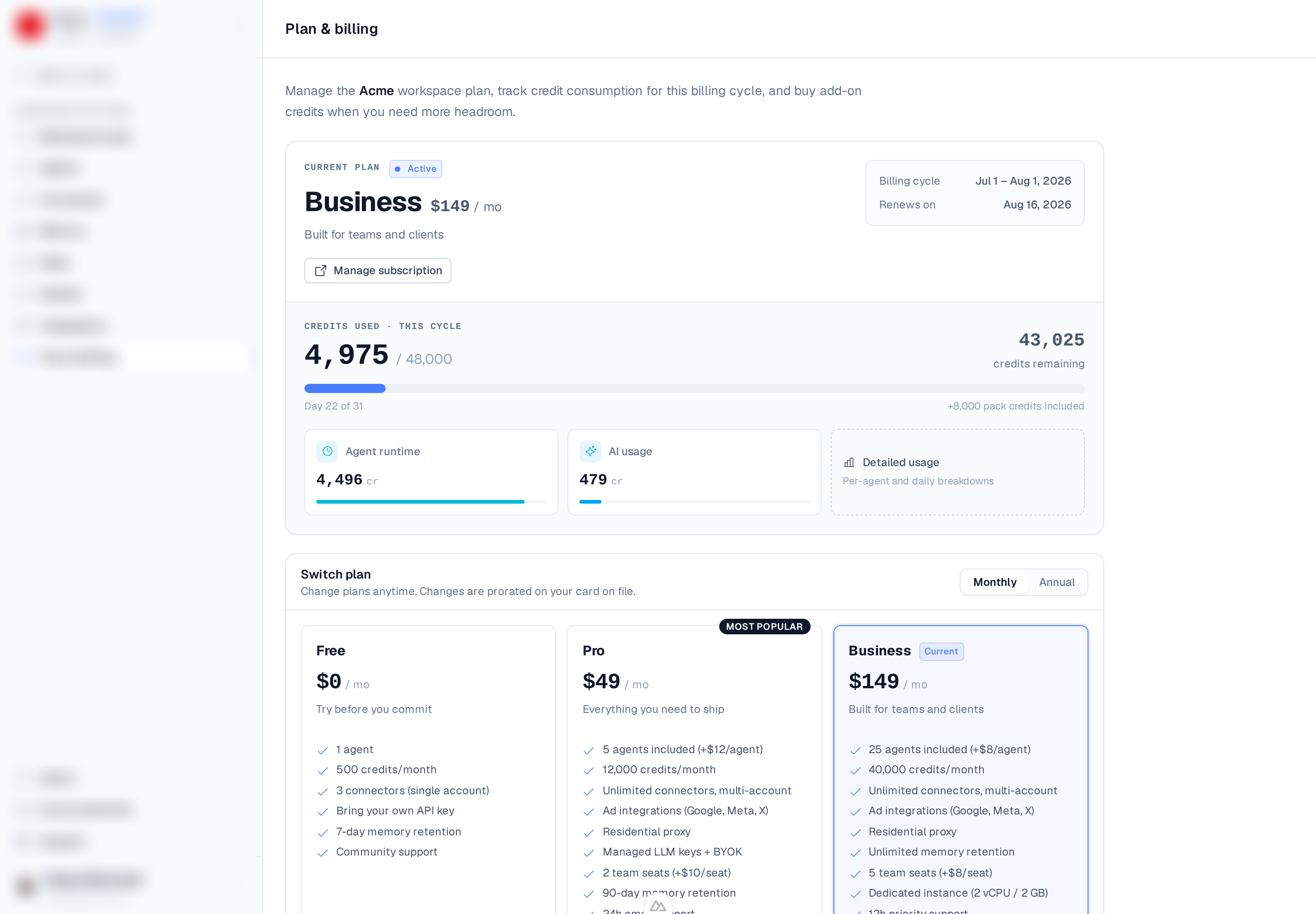 the Plans & Billing page comparing the Free, Pro, and Business tiers