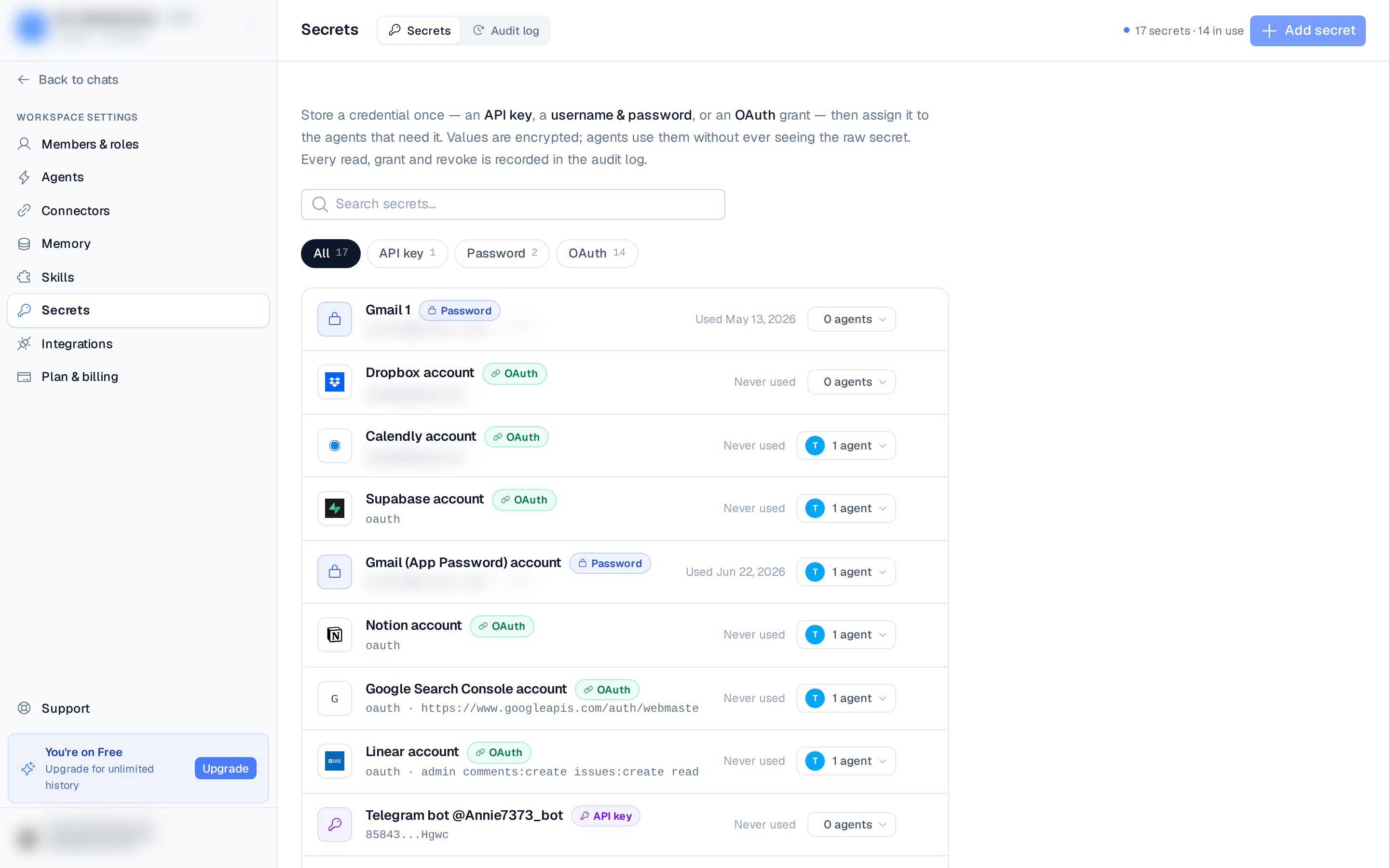 the secret detail slideover with the masked value, usage stats, and agent access list