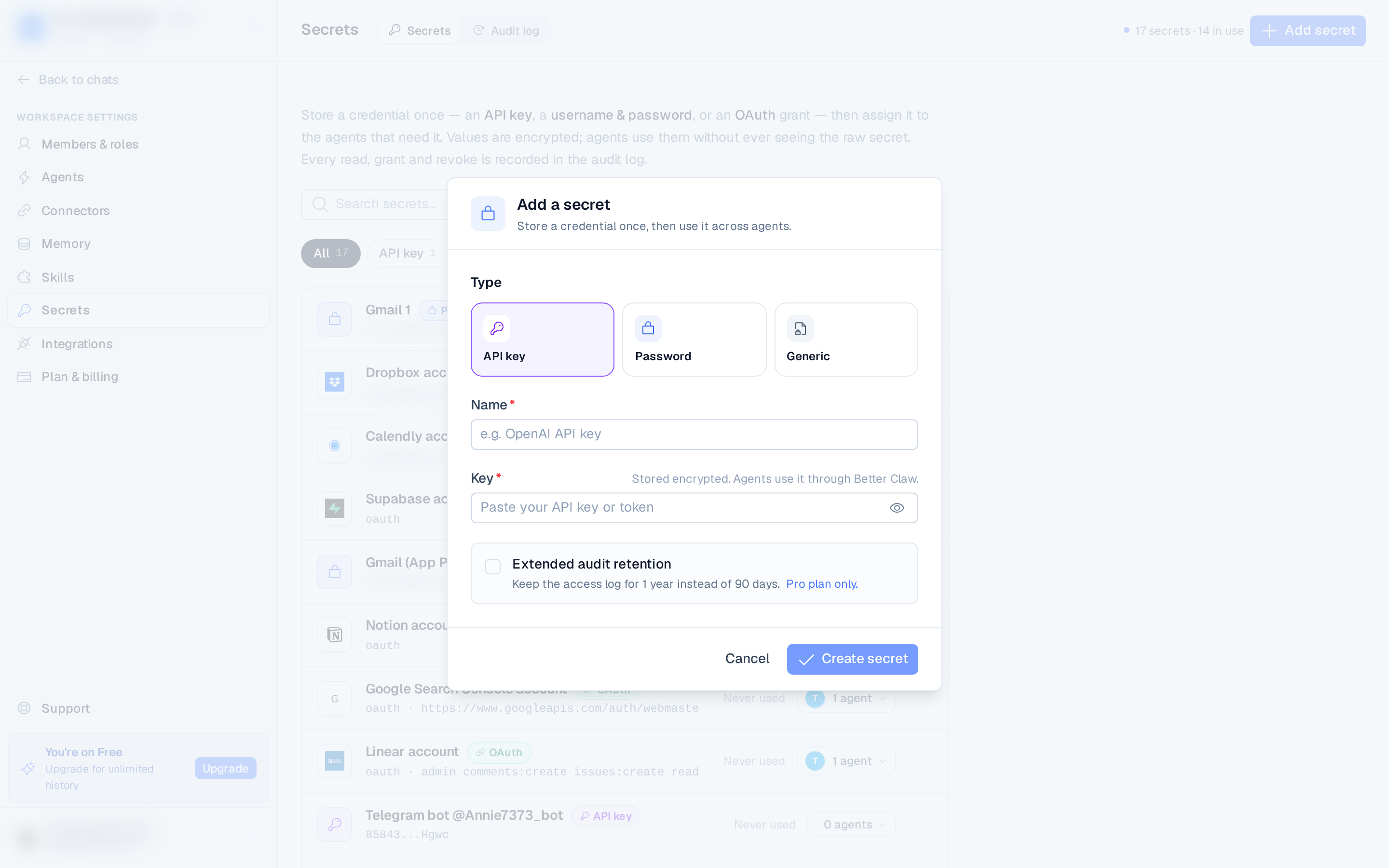 the Add a secret modal showing the type selector and value fields