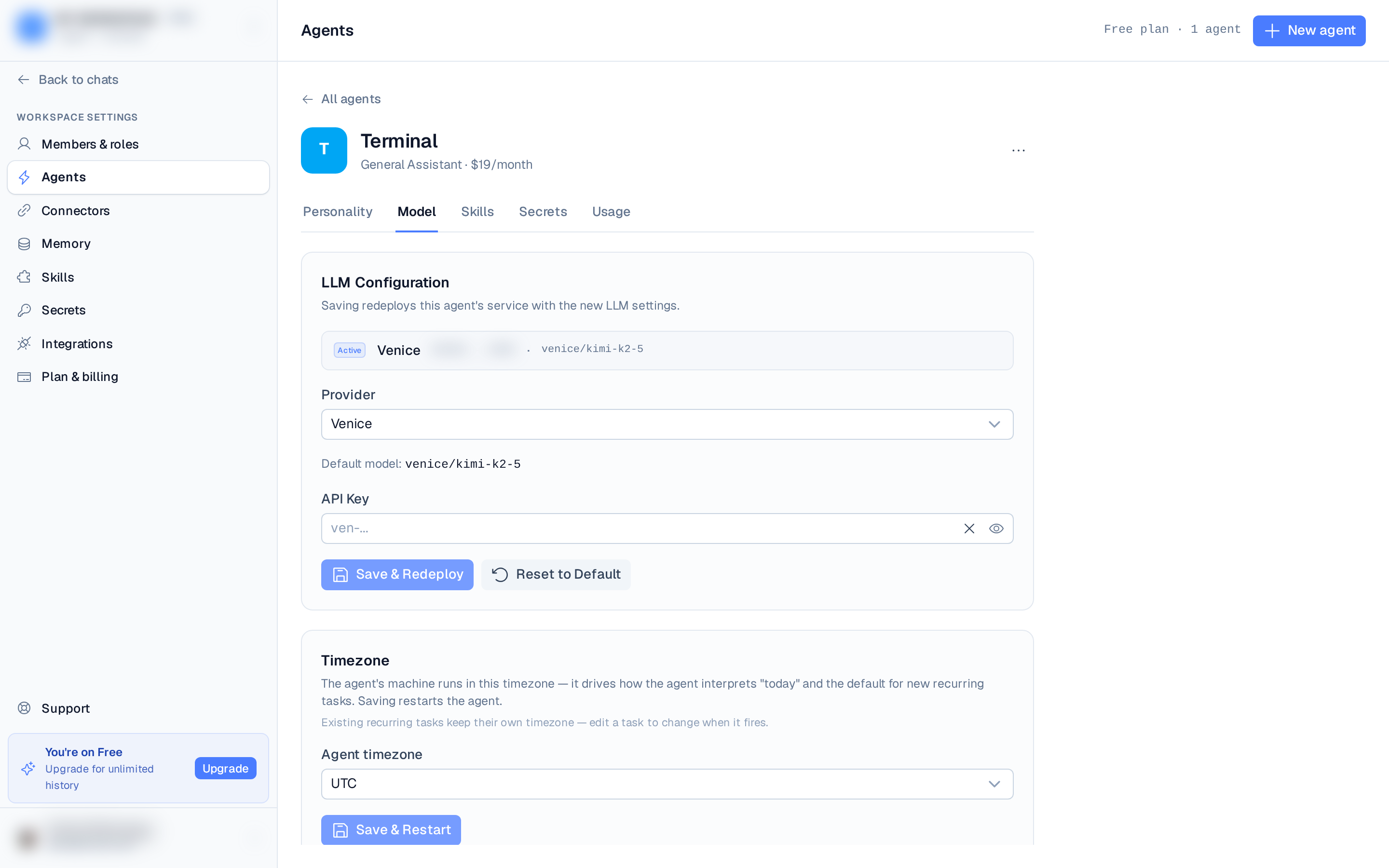 the LLM tab with provider, model, and API key fields filled in