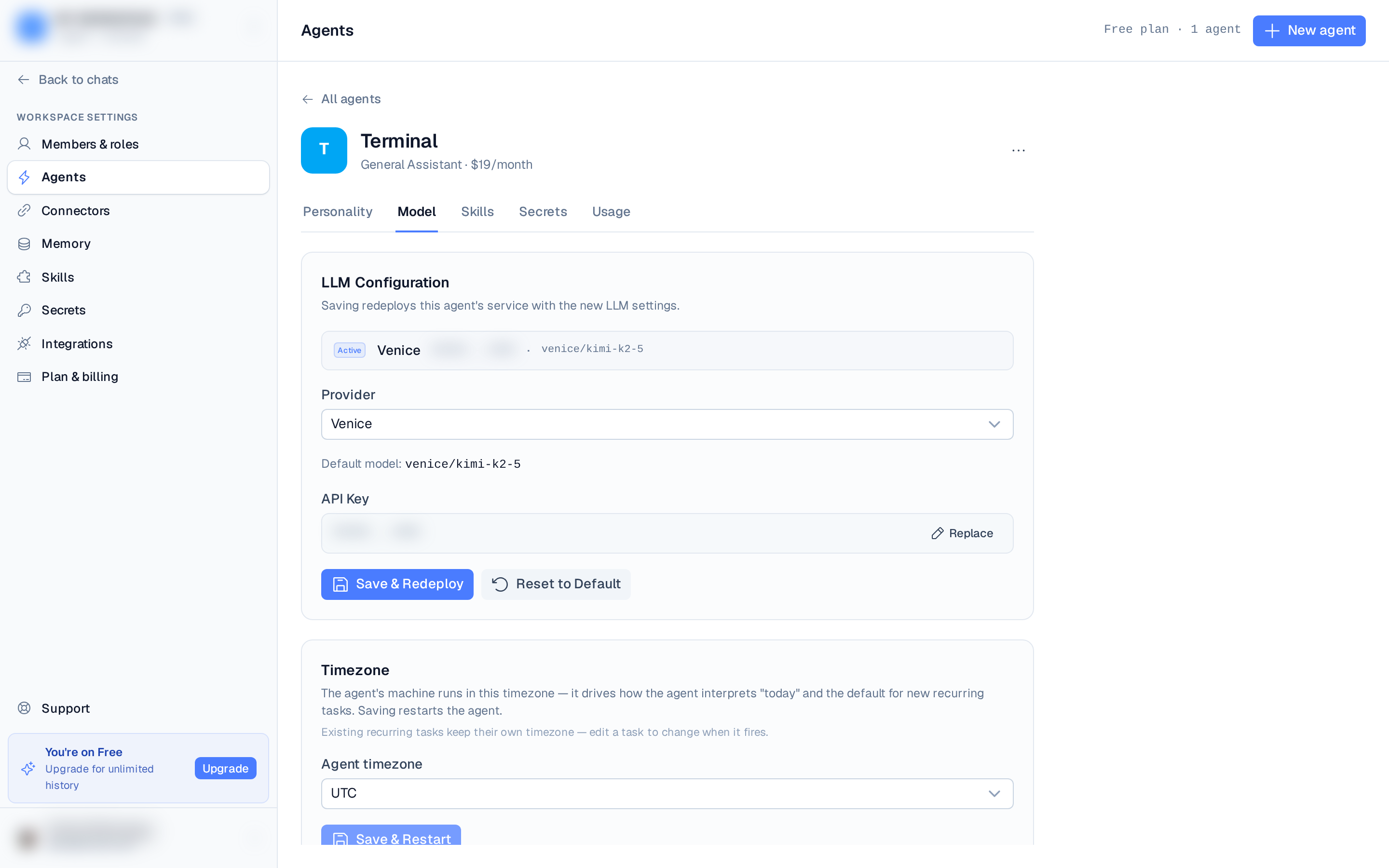 Settings → LLM tab showing the agent selector, provider, model, and API key fields