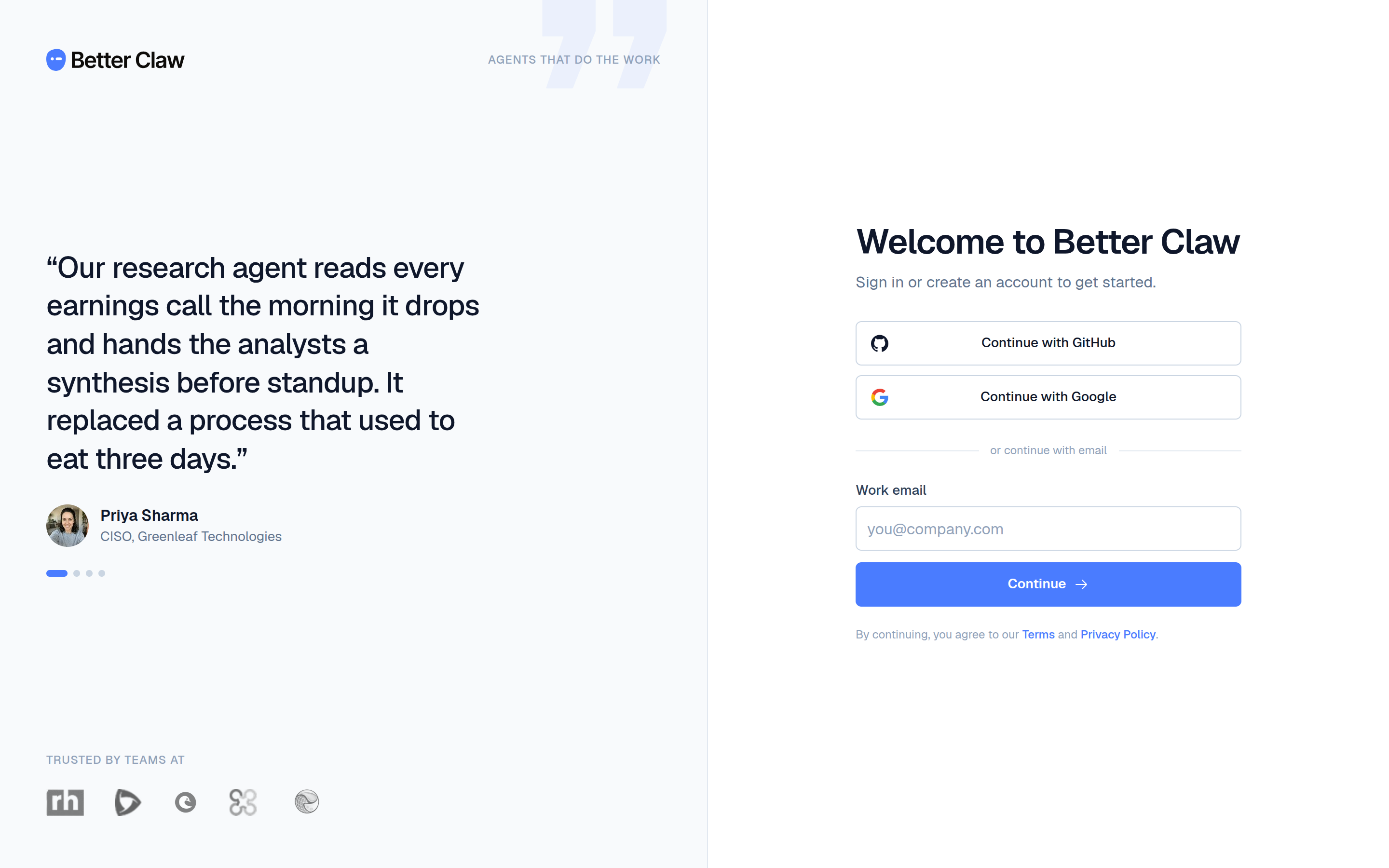 the split-screen sign-in screen with the email field and the testimonials panel