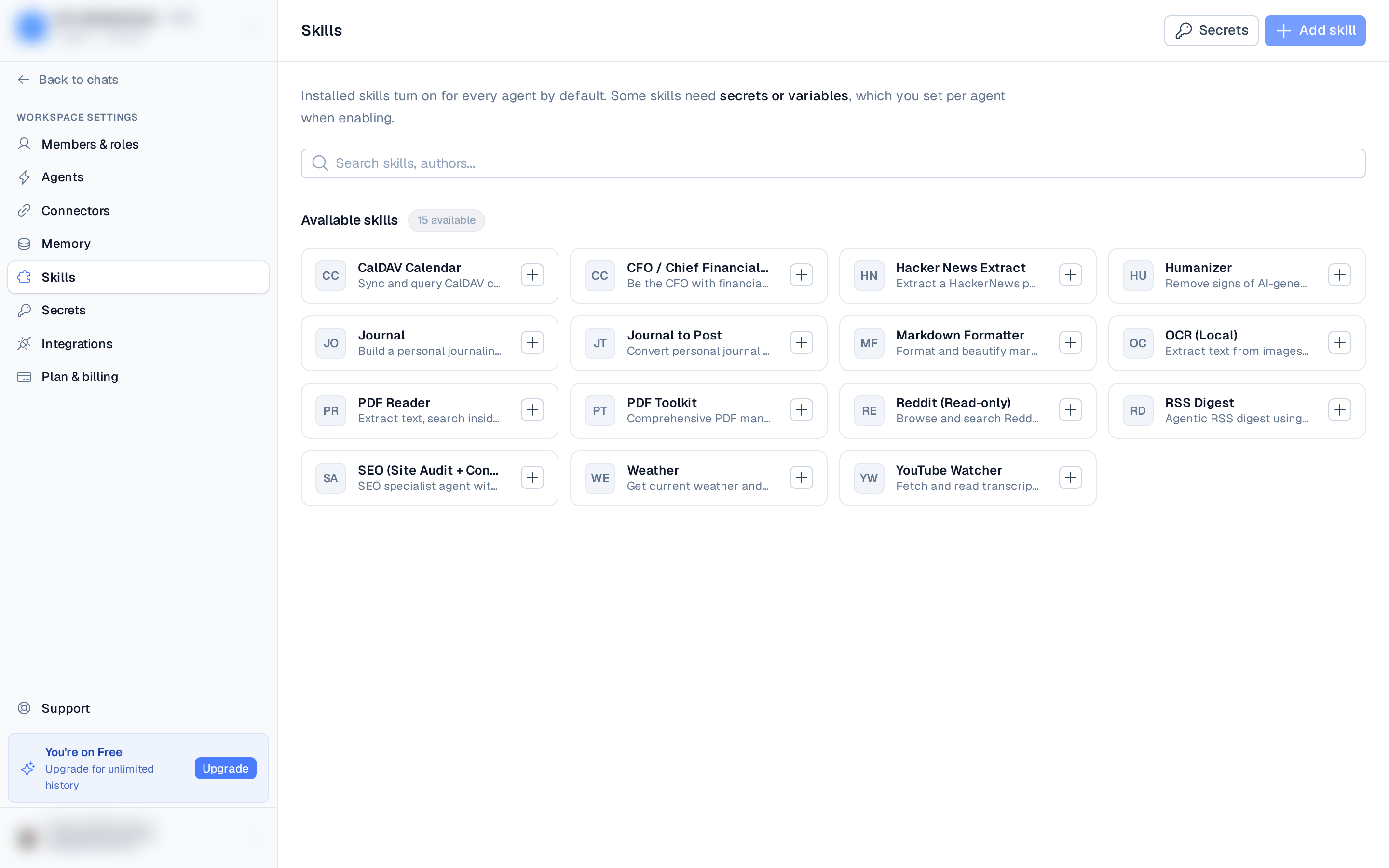 the skill editor with title, slug, credentials, and the content body