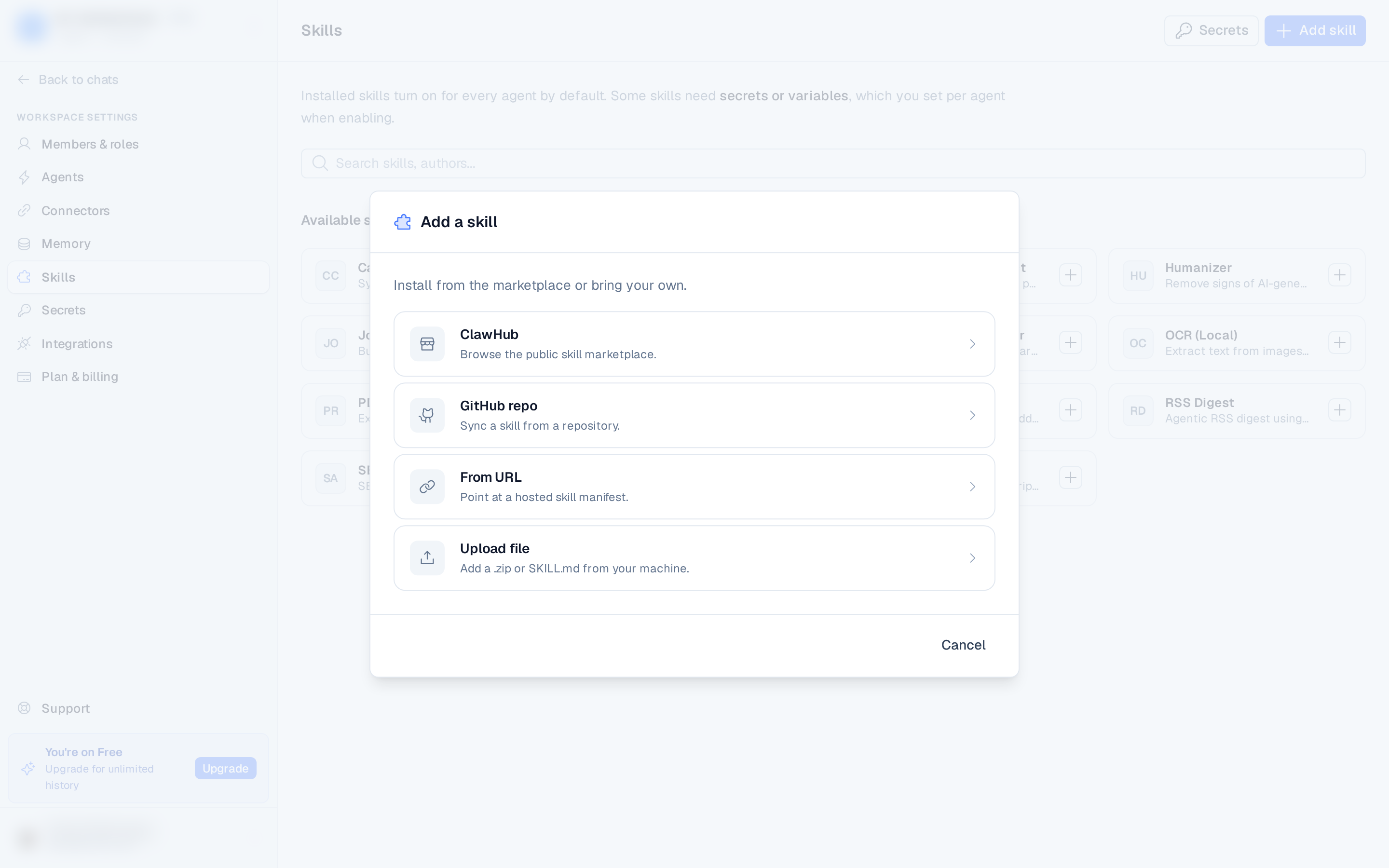 the Add skill dialog with the four source options
