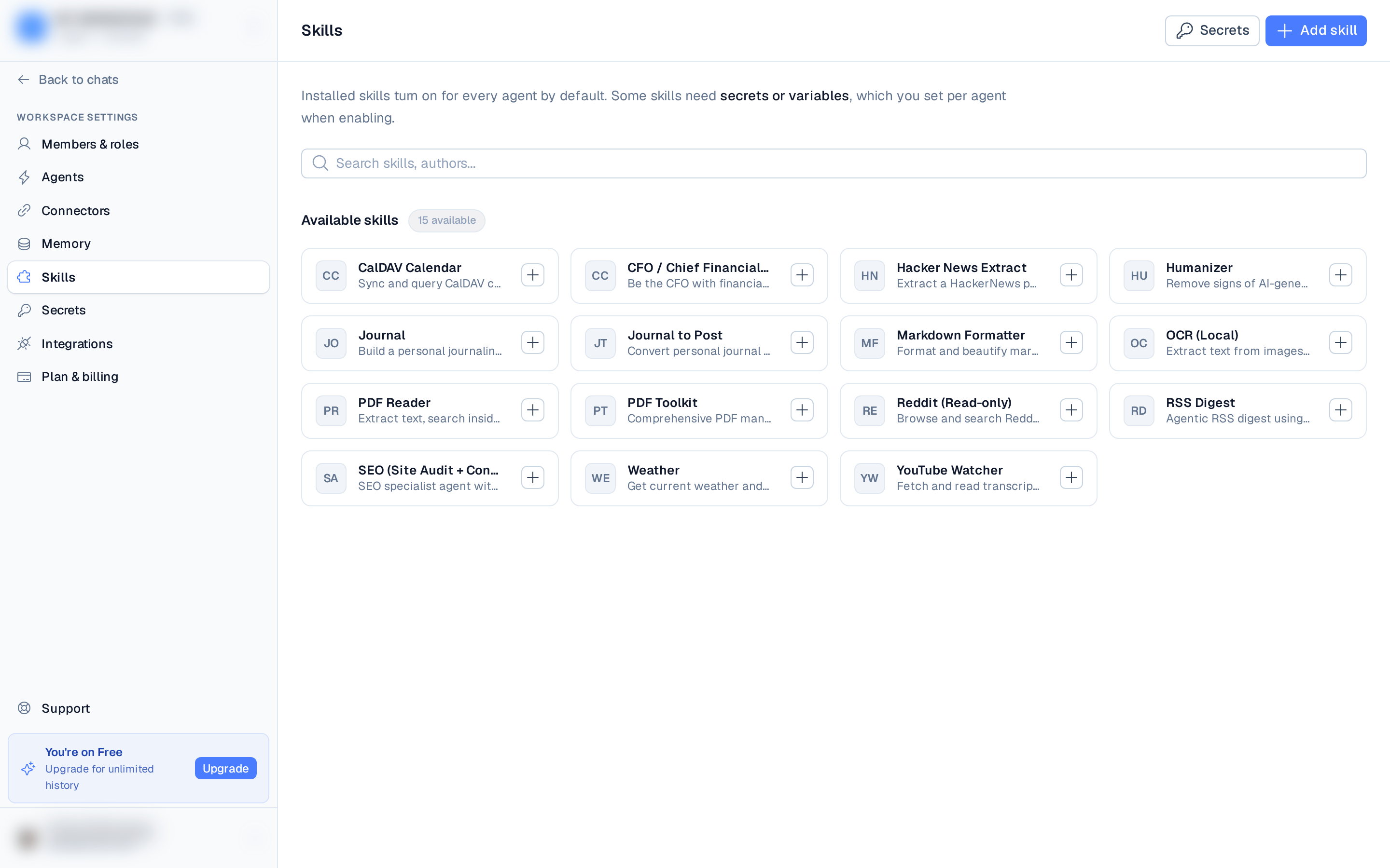 the Skills directory with Installed and Available sections