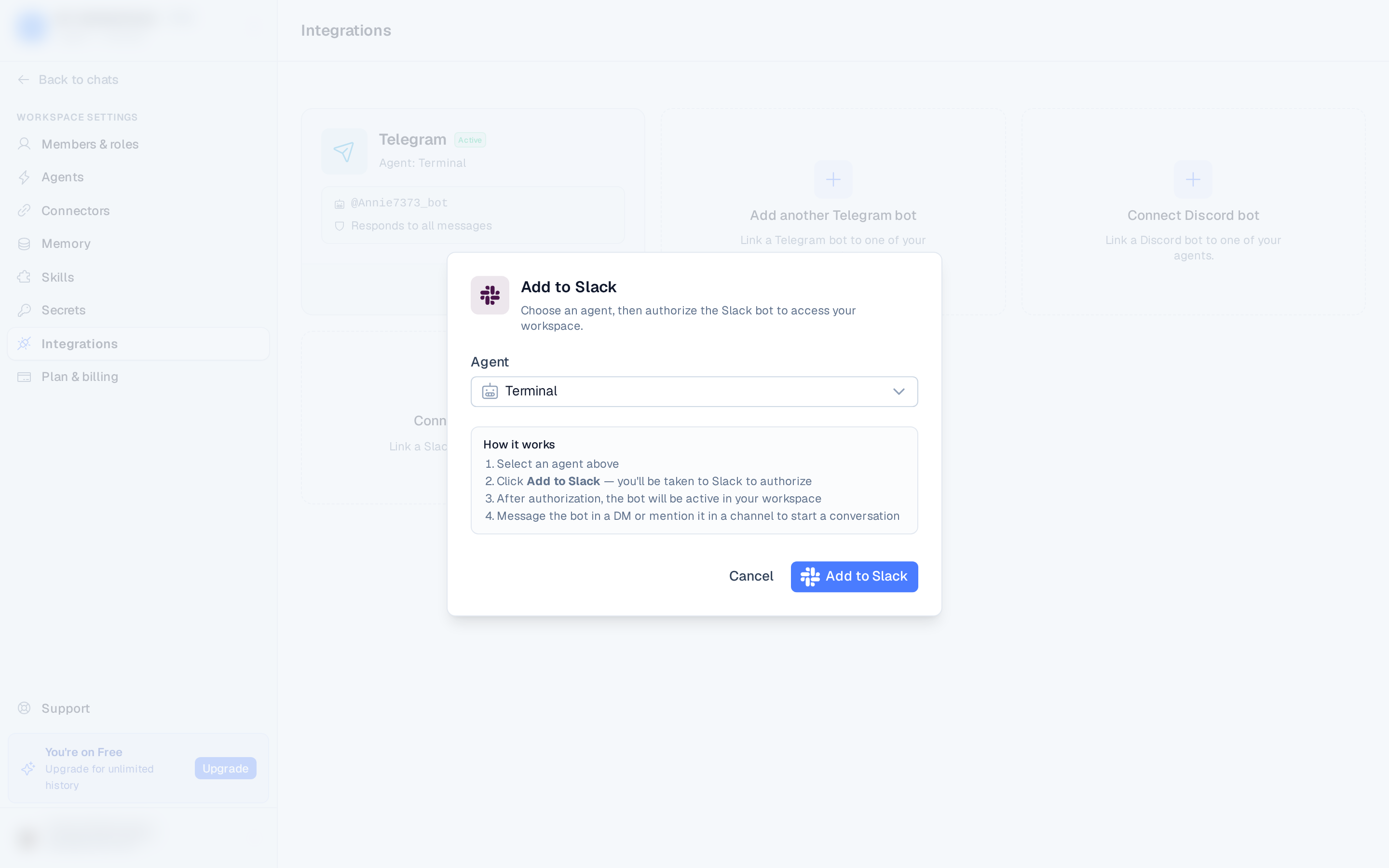 the Add to Slack modal showing the agent selector and the "How it works" steps