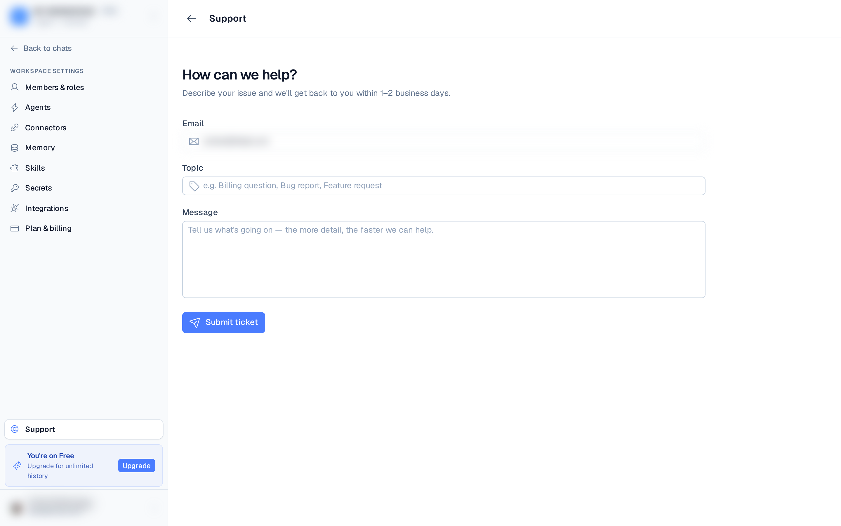 the Support page with the "How can we help?" ticket form — email, topic, and message fields