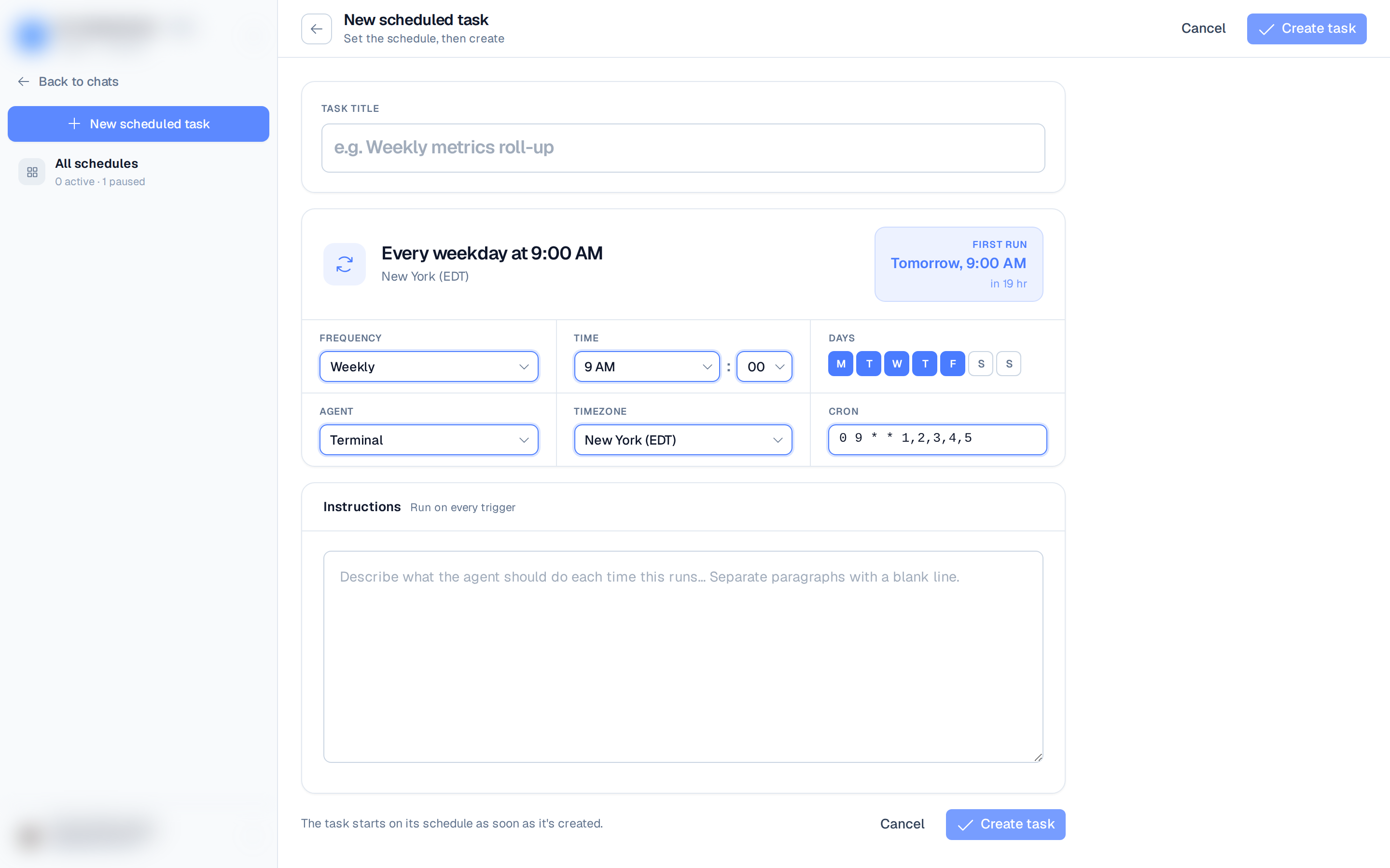 the New scheduled task form showing frequency, time, days, cron field, and the first-run preview