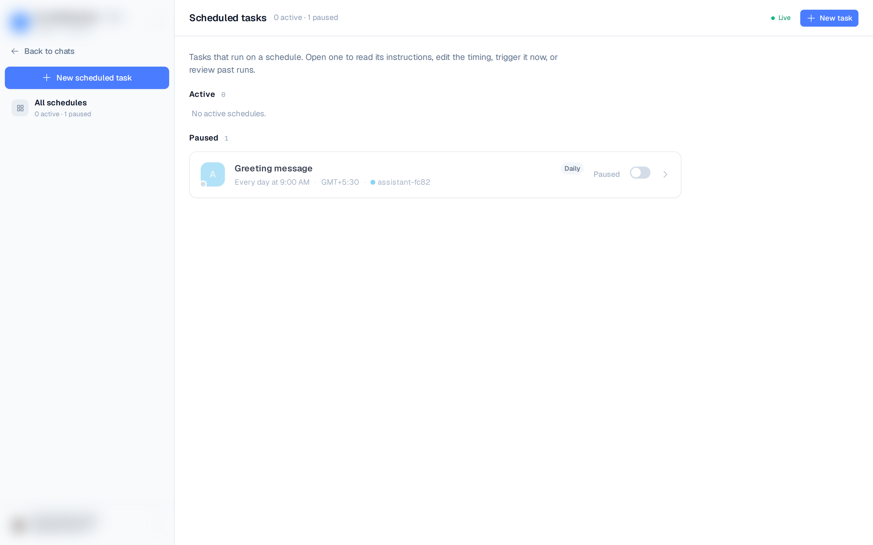 the Scheduled tasks overview listing active and paused schedules