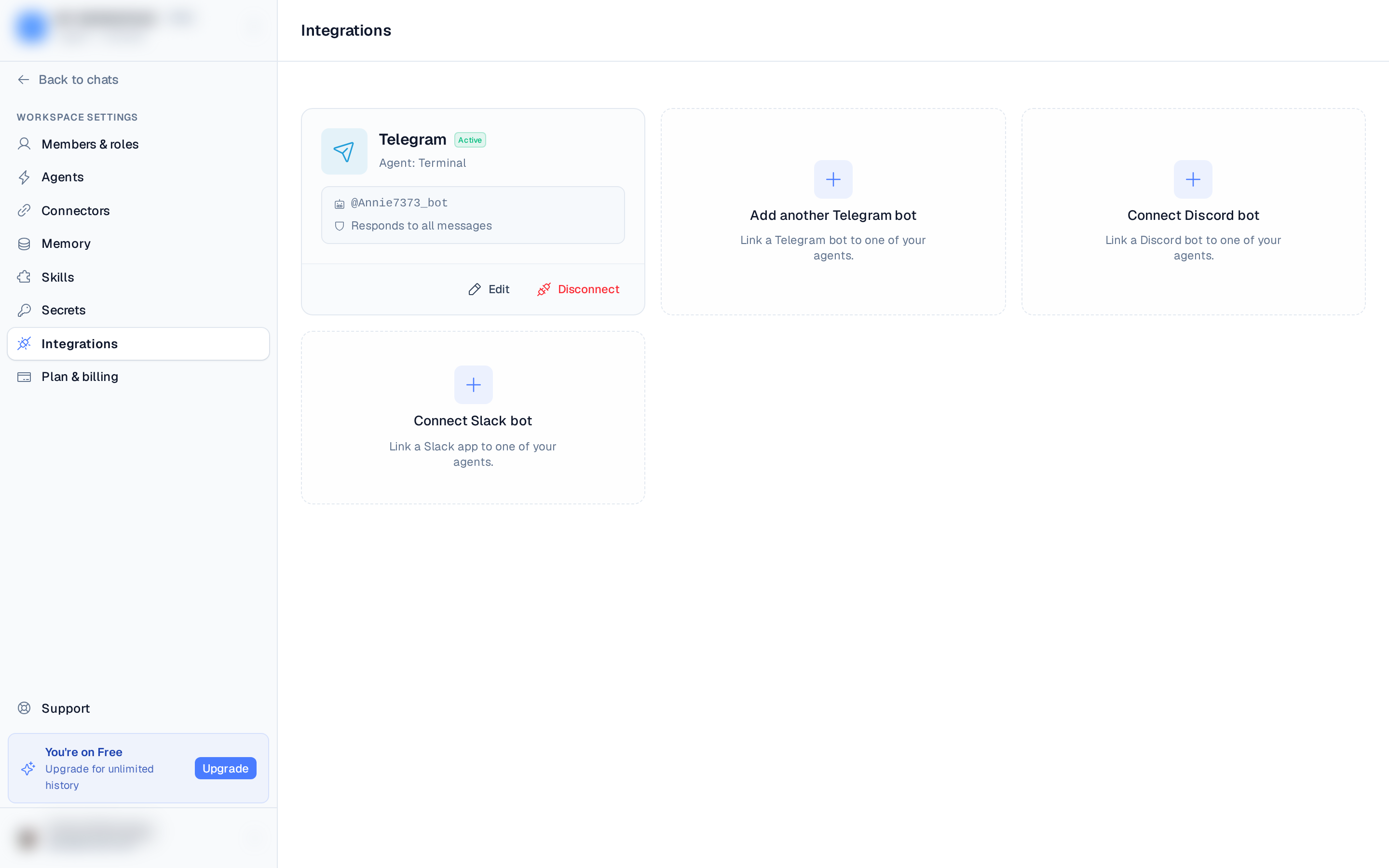 the Connect Telegram Bot modal with the agent selector, bot token, and response-mode fields