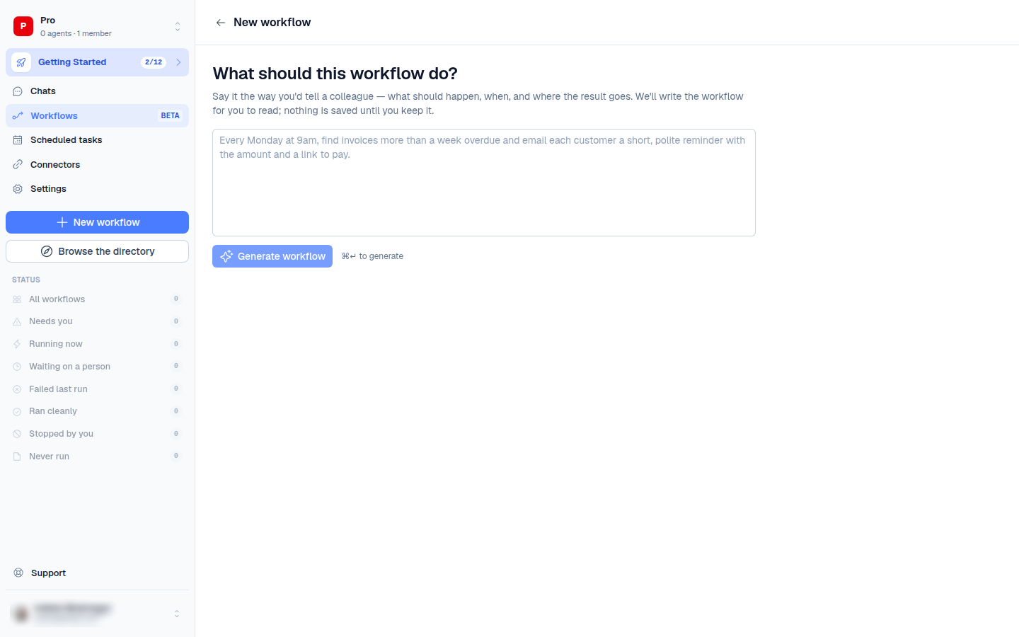 the New workflow screen asking "What should this workflow do?"