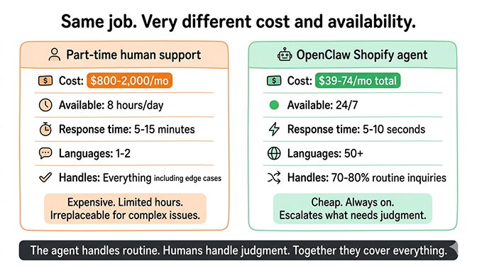 Total cost comparison: Shopify AI agent vs part-time human support
