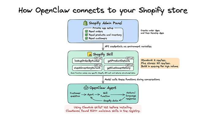 Shopify skill architecture: API credentials, function exports, and rate limit handling