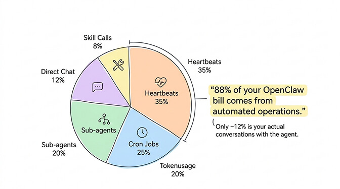 OpenClaw API cost breakdown showing 88% of spending comes from automated operations vs 12% from direct conversations